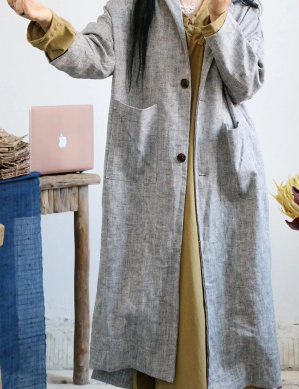 Ystylee Women Linen Trench Coats Button Down Lapel Collar Side Slit Long Kimono Jackets with Pockets