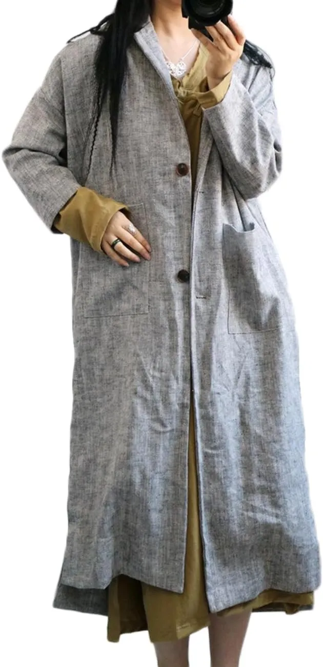 Ystylee Women Linen Trench Coats Button Down Lapel Collar Side Slit Long Kimono Jackets with Pockets