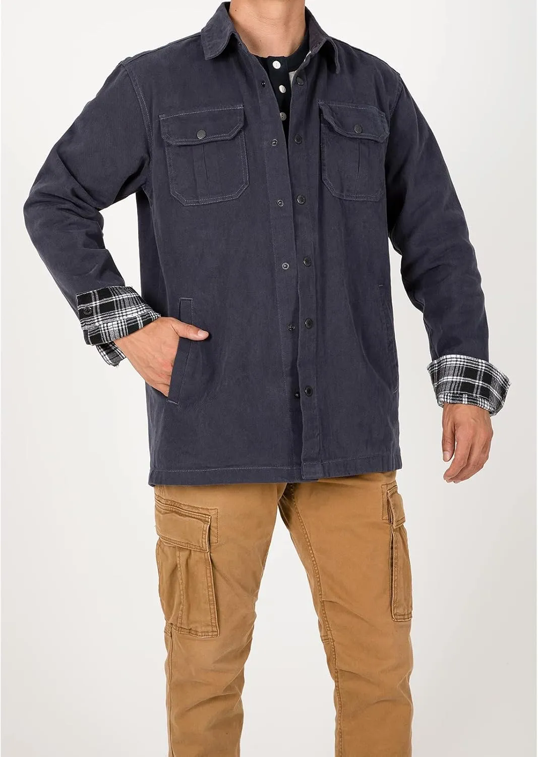 ZENTHACE Men's Heavy Washed Rugged Cotton Shirt Jac Outdoorsy Utility Jacket(Full Flannel Lined)